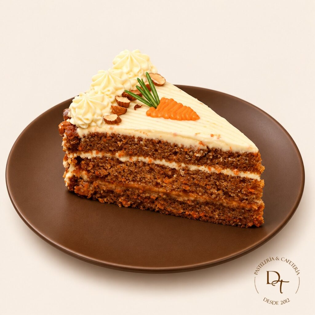 Húmedo pastel de zanahoria, aromatizado con especias, relleno de frosting de queso, manjar de olla y topping de castañas.
