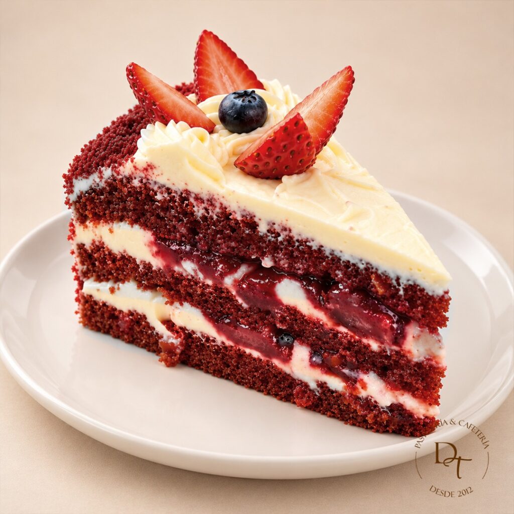 Pastel de terciopelo rojo, elaborado con beterraga y compota de frutos rojos, doble relleno de frosting de queso.